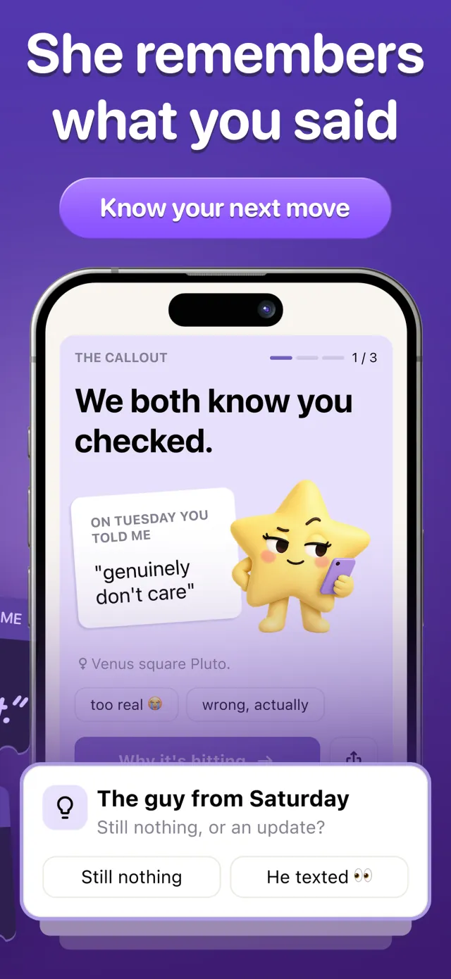 She remembers what you said. Nova quotes you back, then asks about the guy from Saturday: still nothing, or an update?
