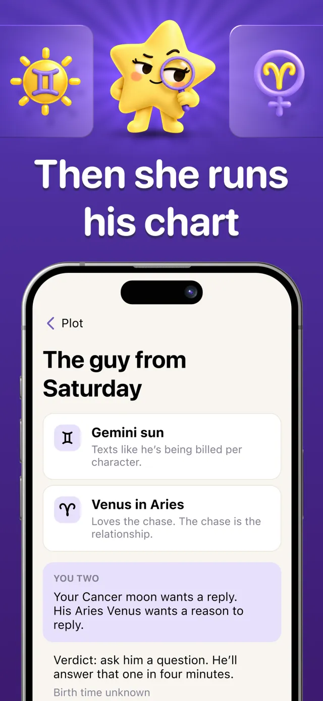 Then she runs his chart. The guy from Saturday’s Gemini sun and Venus in Aries, read against yours.